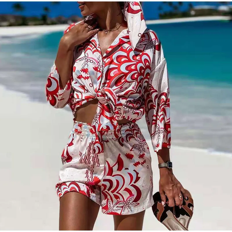 

Summer Women's Satin Shorts Sets Print Top Shirt Two Piece Set Casual Female 2021 Long Sleeve Shirts mini shorts Suit With Scarf