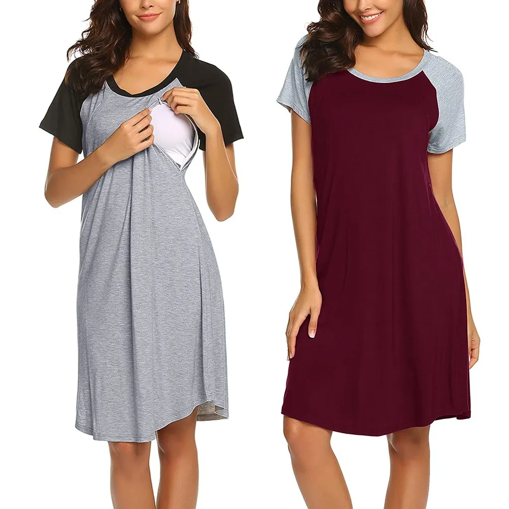 

Платья для беременных женщин Ночная рубашка Летняя однотонная с коротким рукавом Пэчворк одежда для кормления грудью ночная рубашка