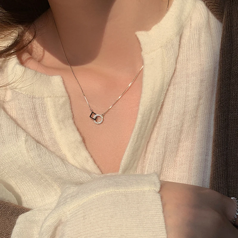 Модное ожерелье из стерлингового серебра 925 пробы с квадратным круглым кулоном