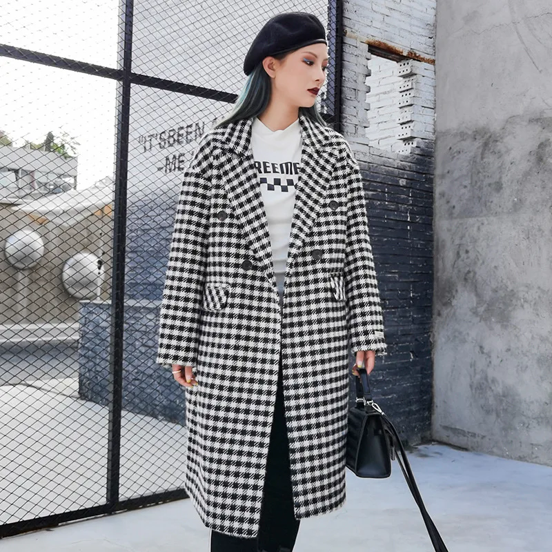 

Winter 2020 new woolen coat women's European station high-end large size thickened long houndstooth coat senior model