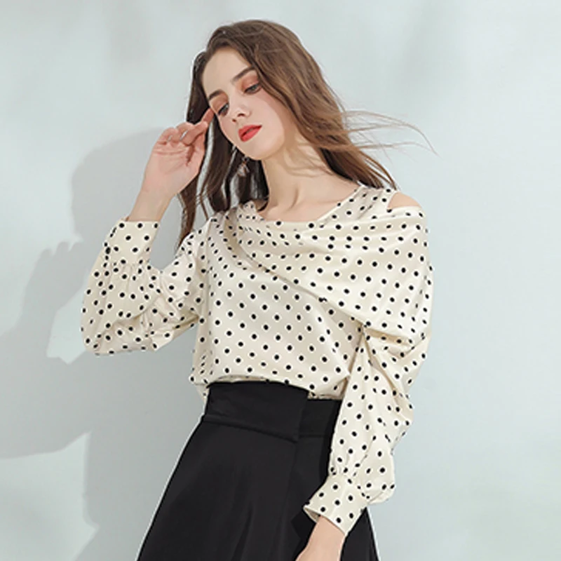 

2020 Summer Blouse Women's Elegant Dot High Quality Office Lady Long Sleeve Acetate Loose Tops Shirts Women Wave Dot Shirt