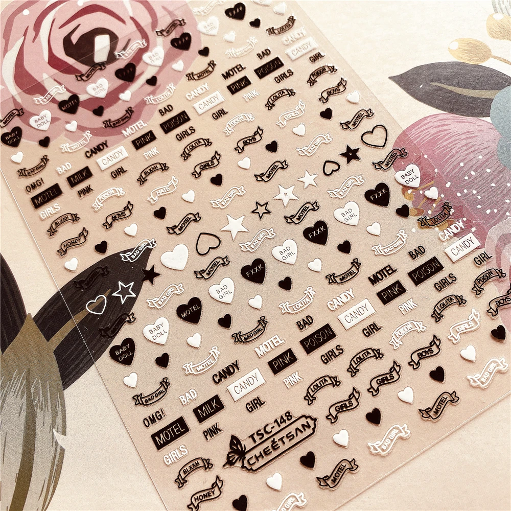 

TSC-148 Black and white graphics Slogan 3d nail art sticker nail decal stamping export japan designs rhinestones decorations
