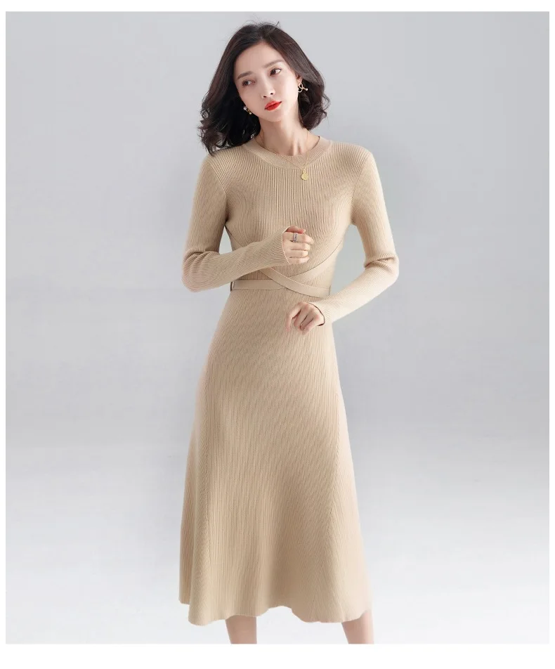 INNASOFAN knitted dress women Autumn Winter long-sleeved dress Euro-American fashion chic dress solid color