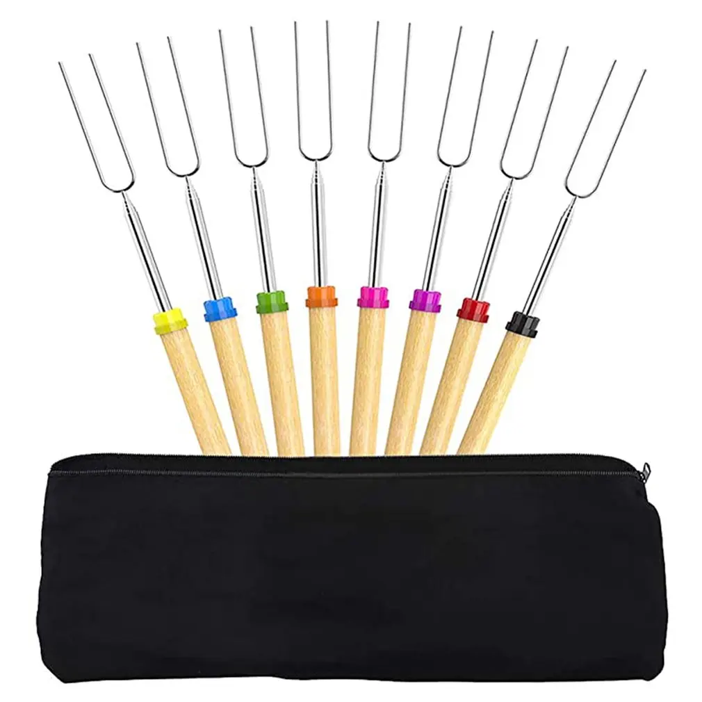 

8 Color Stainless Steel Tube Retractable Color Wooden Handle Barbecue Fork Essential for Home Travel