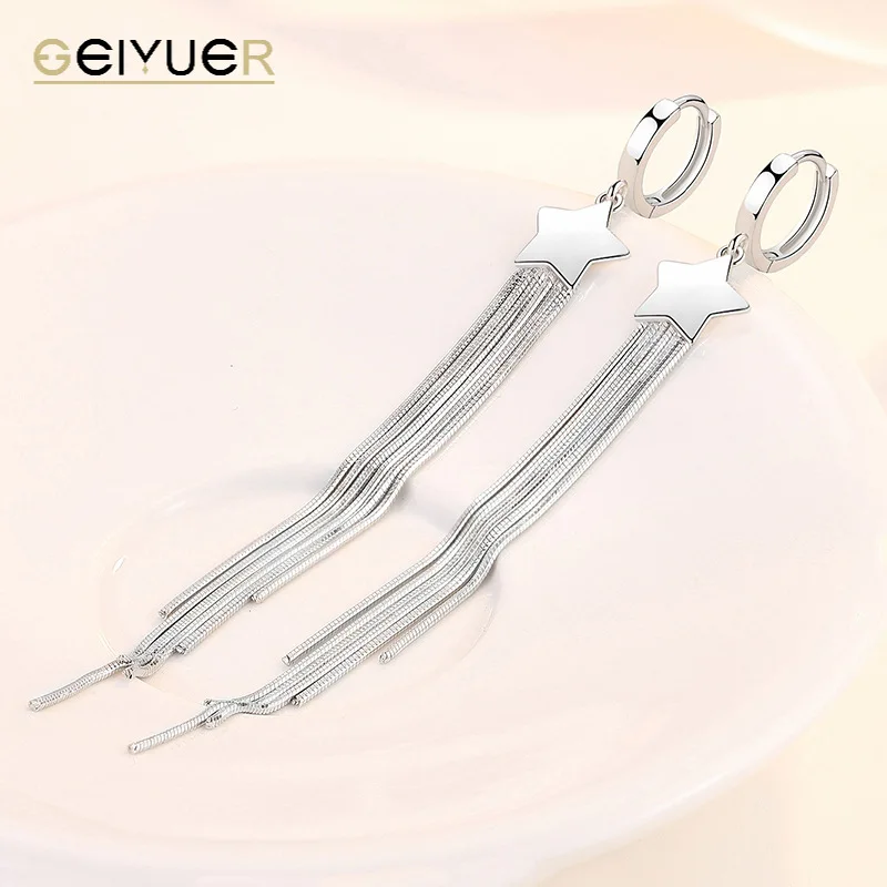 

925 Sterling Silver Star Tassel Earrings for Women Long Trendy Drop Ear Studs Pendant Ear Jewelry Bridal Accessories Girl Gift