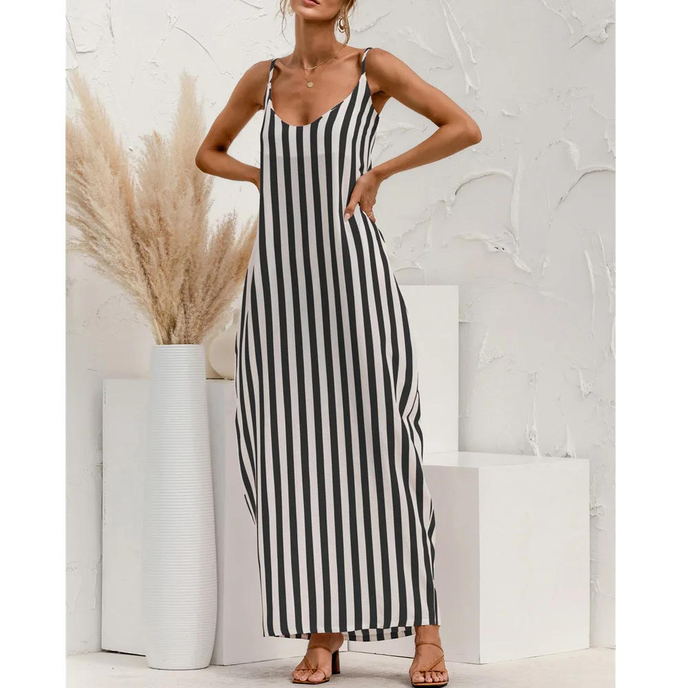 

Spaghetti Strap Backless Long Dress Striped Print Casual Summer Women Loose Sexy V Neck Home Holiday Beach Maxi Dresses