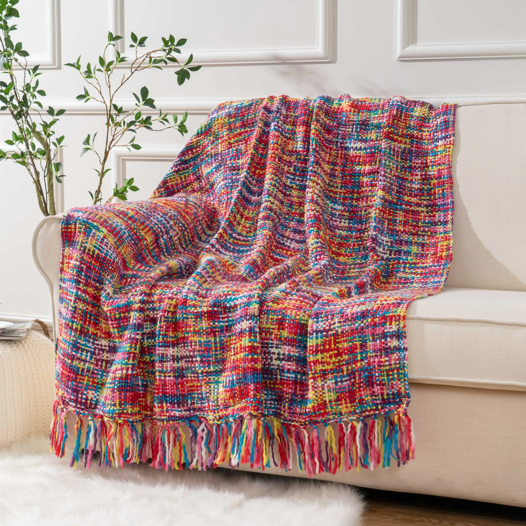 

DIMI Blanket Soft Knit Blanket Decorative Bed Blanket 100% Acrylic Winter Throw Blanket Tropical Style Multi Color Rainbow
