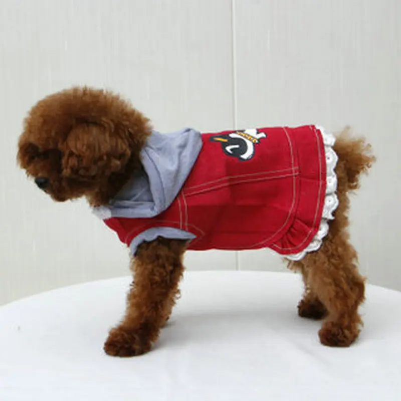 

Оптовая продажа 2022 весна лето осень Xs одежда для собаки для маленькой девочки Тедди красное джинсовое платье с мультяшным рисунком наряд дл...