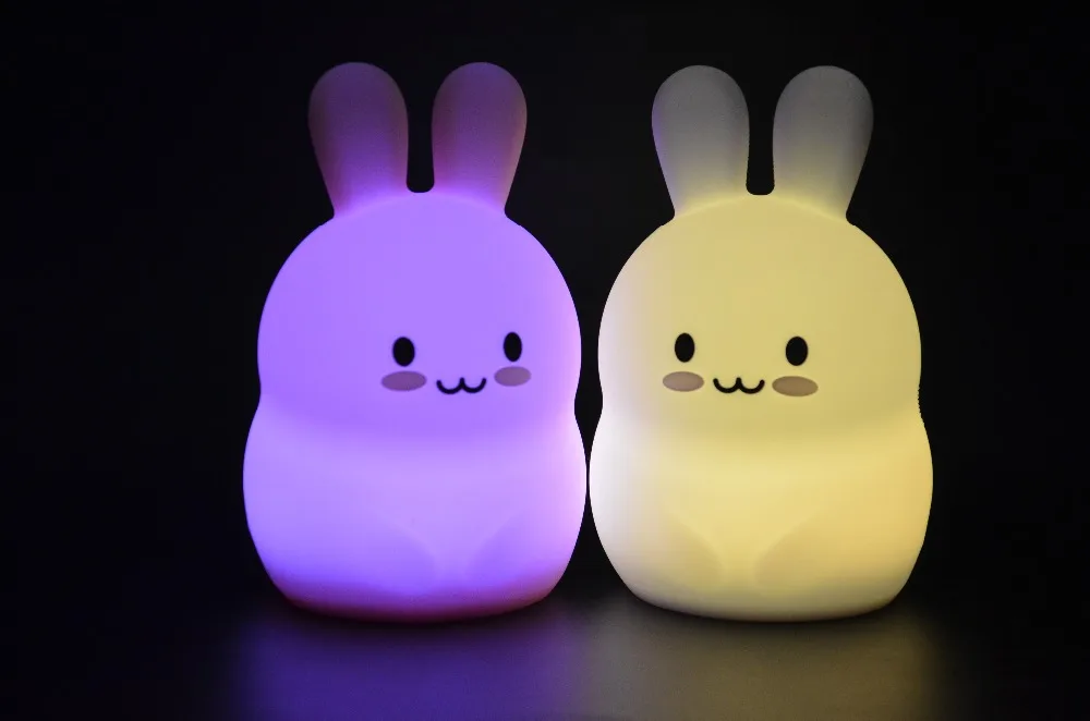 Мультфильм кролик светодиодный Ночной светильник сенсорный Сенсор 9 Цвета USB Батарея приведенный в действие силиконовые Ночники для Для детей подарок для ребенка