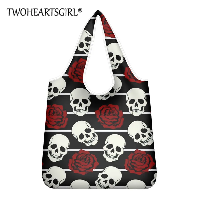 

Twoheartsgirl Cool Flower Fancy Skull Fruit Vegetable Handbag Washable Snacks Storage Totes Customize Supermarket Shopping Bag