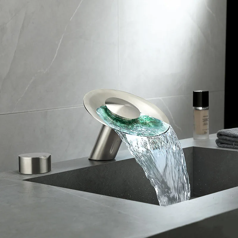 Waterfall LED Water Mixer 2 Handle 3 Holes Solid Brass Bathr