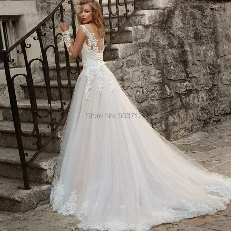 Luxury Tulle Wedding Dresses Lace Appliques Long Sleeves Scoop Up Sweep Train Vestido De Noiva Bridal Gowns | Свадьбы и торжества