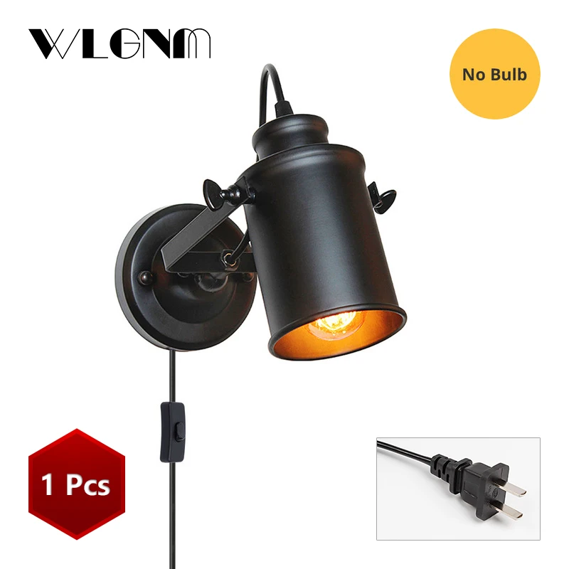 Black 1Pcs US Plug Винтажный настенный светильник, промышленный настенный светильник, штекер с кнопочным выключателем, настенный светильник в стиле ретро, светильник для спальни, гостиной, прохода - Цвет абажура: Black 1Pcs US Plug