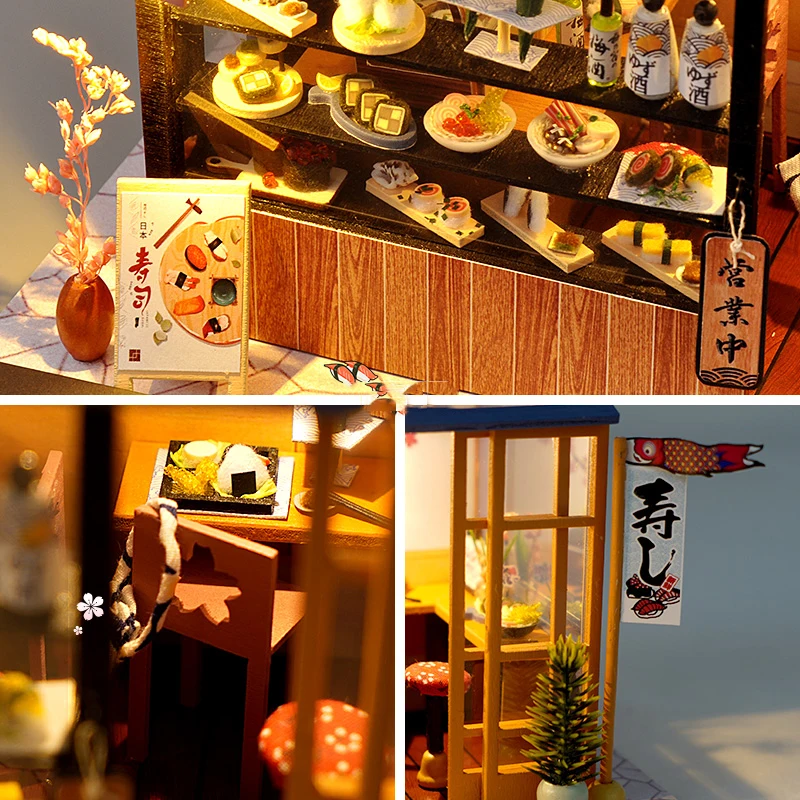 

New DIY Sushi Dessert Ice Cream Shop Wooden Dollhouse Miniature Furniture With LED Kits Doll Houses Assemble Toys Kids Gift Casa