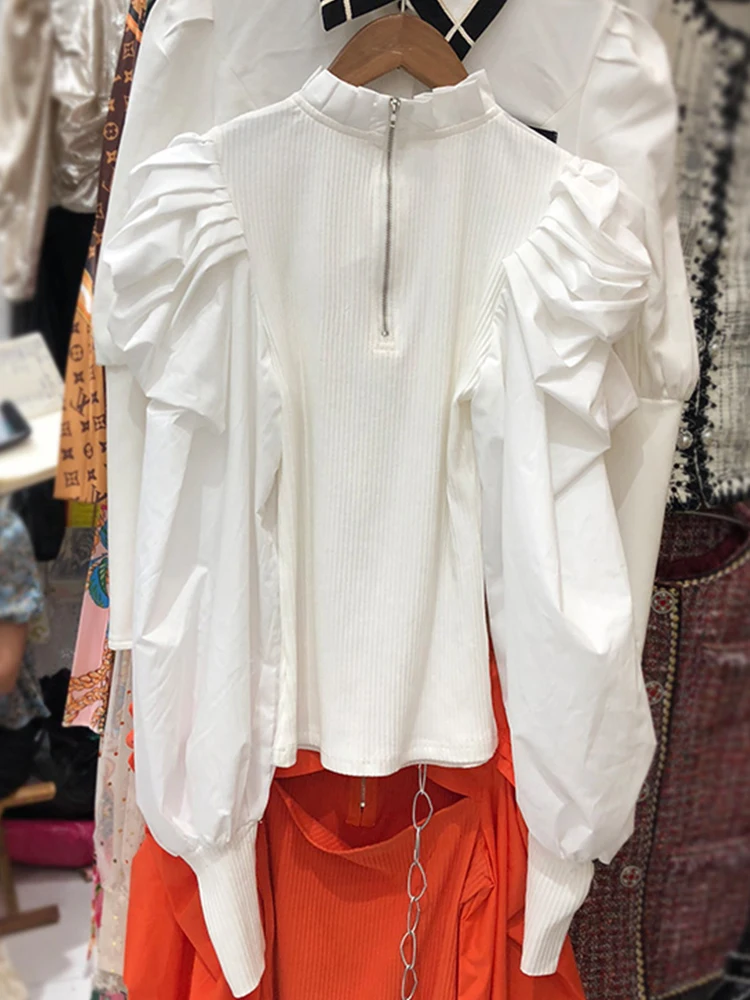 

Free shipping Frill high collar stitching knit chest Hollow pullover shirt Ladies autumn new style Personality all-match top