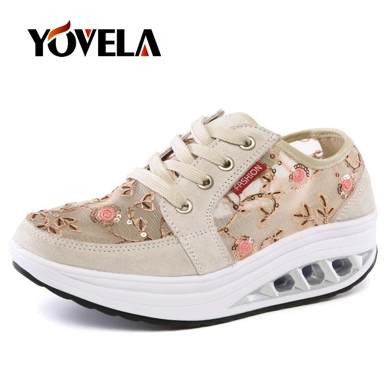 Женские кроссовки с вышивкой дышащие сетчатые на плоской платформе удобная