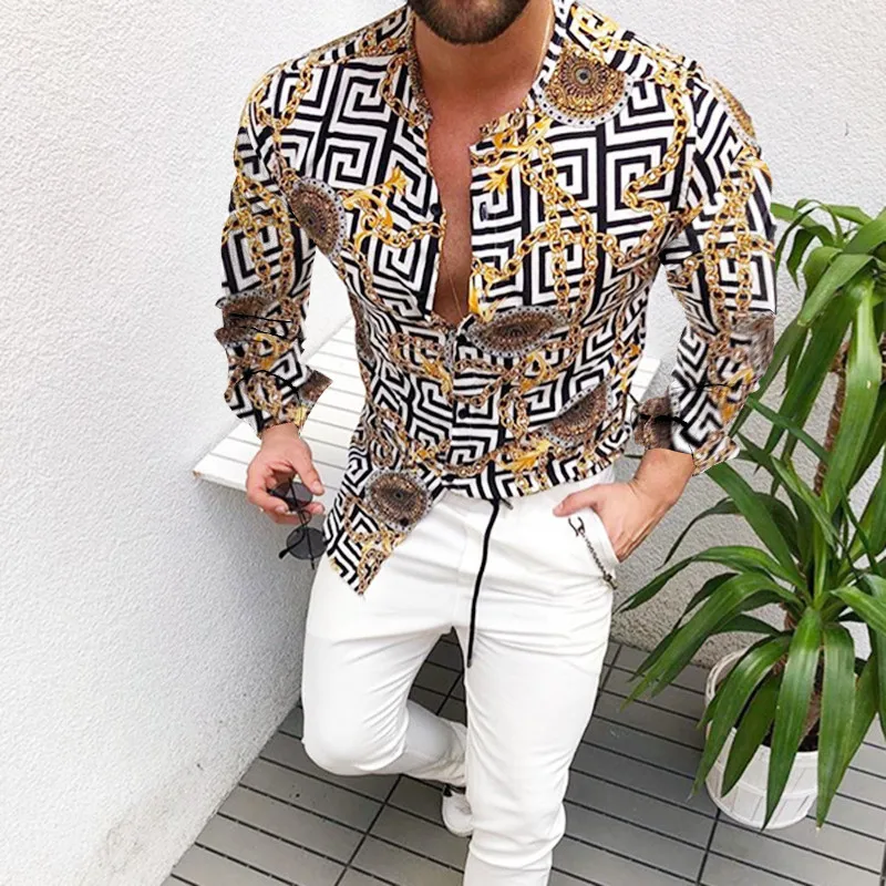 New Style Men's Casual Long Sleeve Shirts Fashion Flower 3D Printed Turn-Down Collar Slim Fit Gothic Party Single-Breasted Shirt