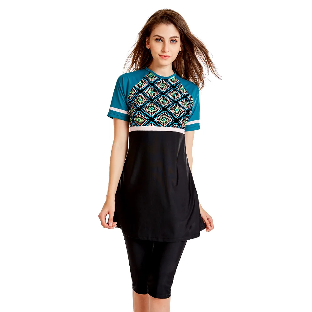 

2021 High-End Muslim Swimwear Women Two Piece BeachWear For Girl Dark Green Bathing Suit With Skirt Short sleeve Swimsuit Female