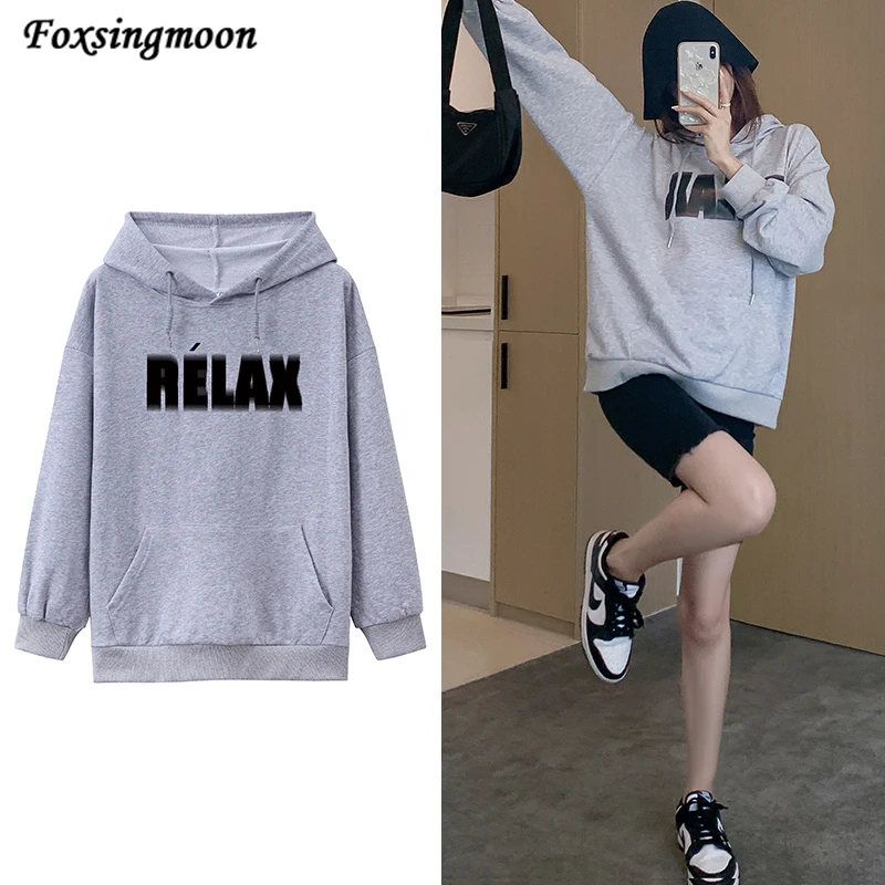 

Letter Print Hoodies Women's Sweatshirt Drawstring Pocket Oversized Hoodie Round Neck Long-sleeved Hip Hop Hooded Pullover
