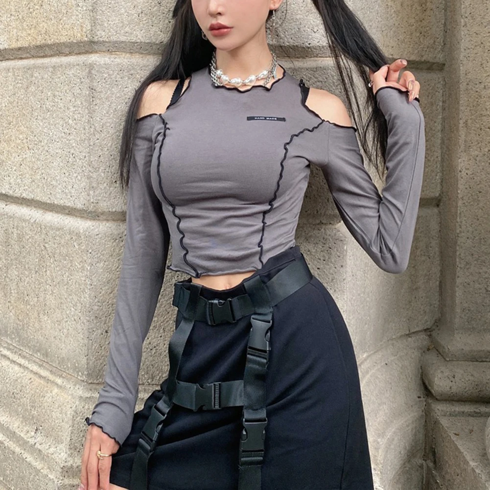

Ruffles Off Shoulder Y2k T Shirts Women Long Sleeve O Neck Tees Crop Tops Autumn 90s Aesthetic Gothic Streetwear Women T-shirt