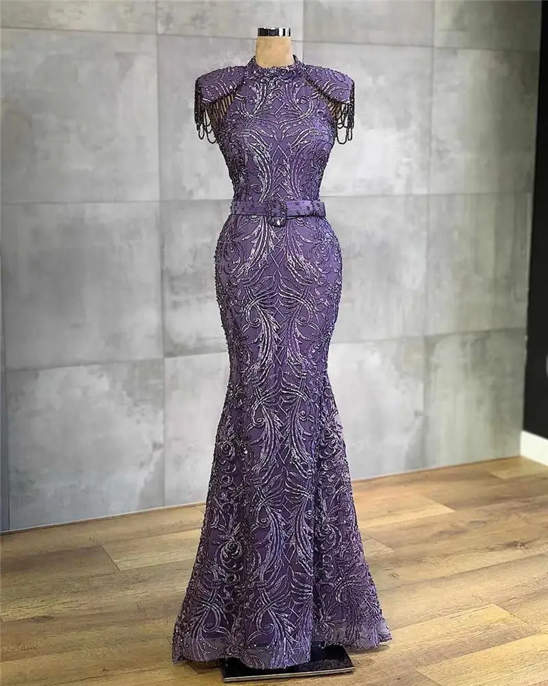 2020 фиолетовые Вечерние платья с юбкой годе роскошное кружевное платье высоким