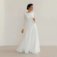 white chiffon floor length wedding dress for bride boat neck with long sleeves bridal gown sweep train lace backless vestidos