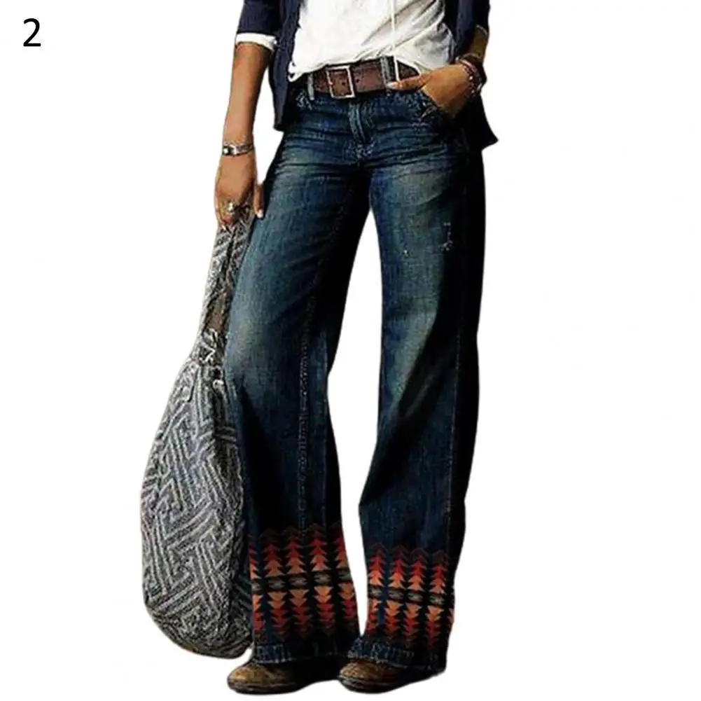 

Autumn Winter Women Fashion High Waist Floral Print Wide Leg Jeans Denim Pants