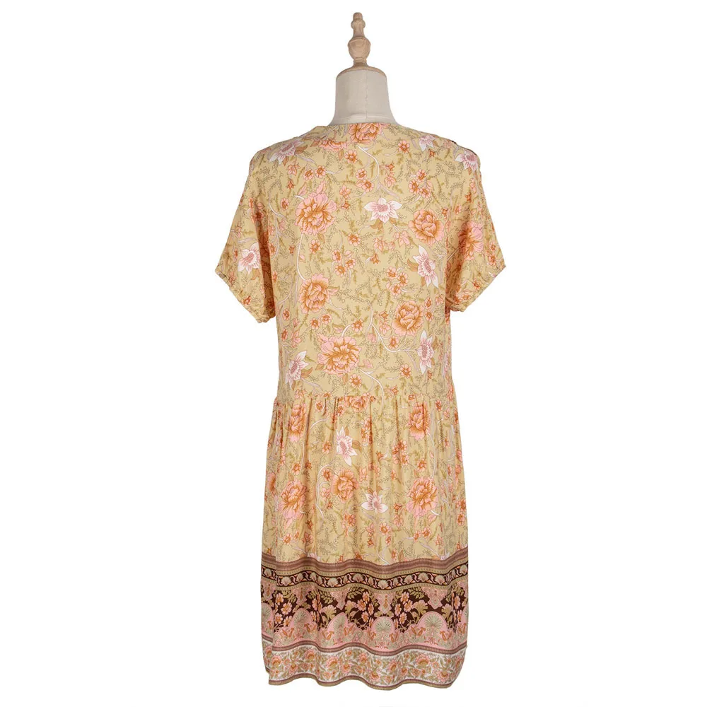 

Casual Holiday Boho Style Beach Tunic Women Dress Summer Floral Print A-line Short Sleeve Loose Mini Dress Vintage Party Dresses