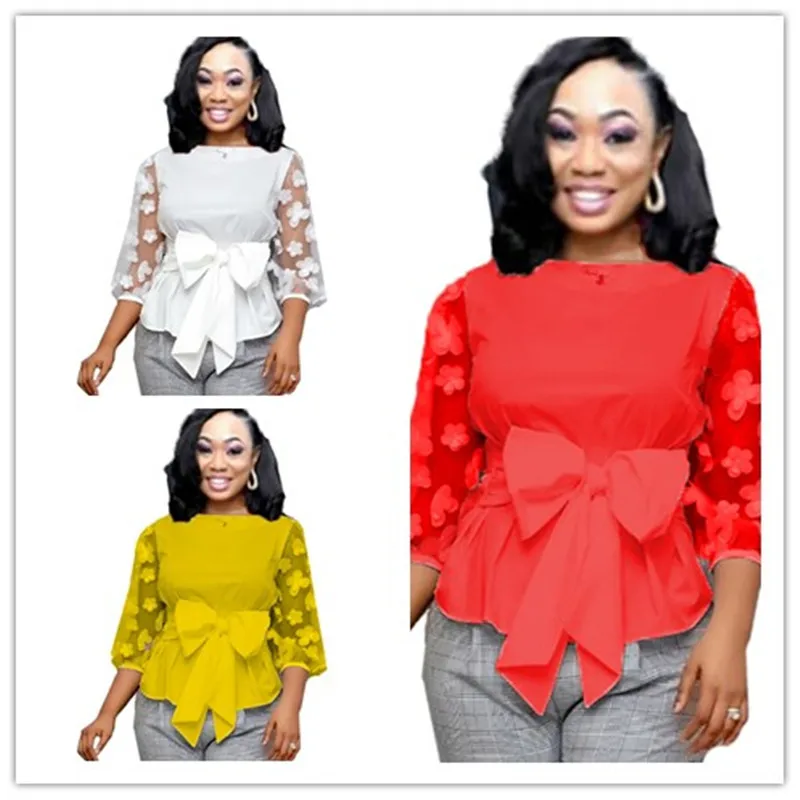 

Elegant Women Chic Design Bowknot Shirts 2021 Spring Newest Lady's O-neck Mesh Lantern Sleeve 3D Flower Lace-up Blouses