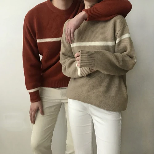 Простой повседневный Свободный вязаный Однотонный свитер в полоску для колледжа