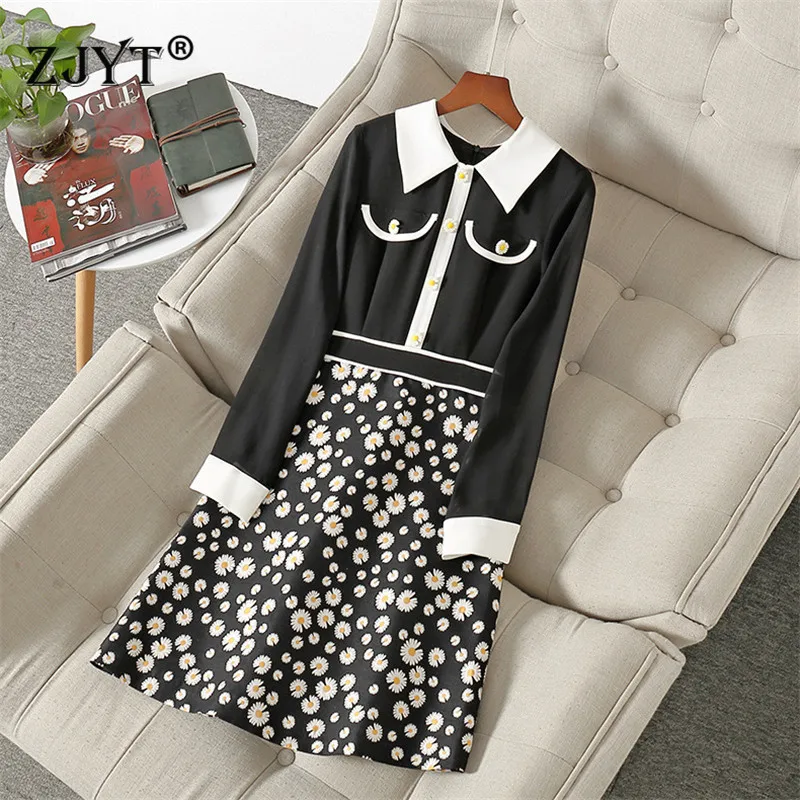 

Europe Fashion Woman Clothes 2021 New Runway Designers Long Sleeve Floral Printed Patchwork Spring Dress Office Lady Robe