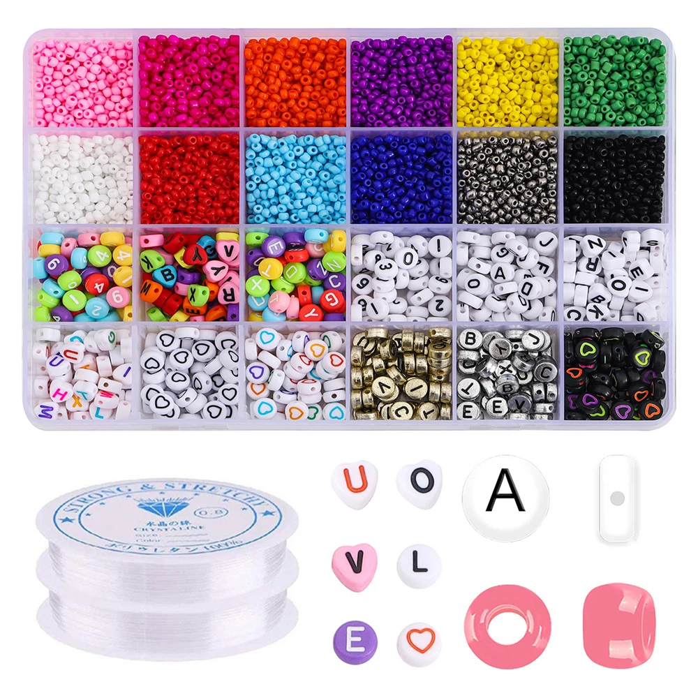 

Flat Acrylic English Letter Puzzle Bead Box For DIY Bracelet Jewelry Making Accessories Plastic Alphabet Glass Seed Beads Set