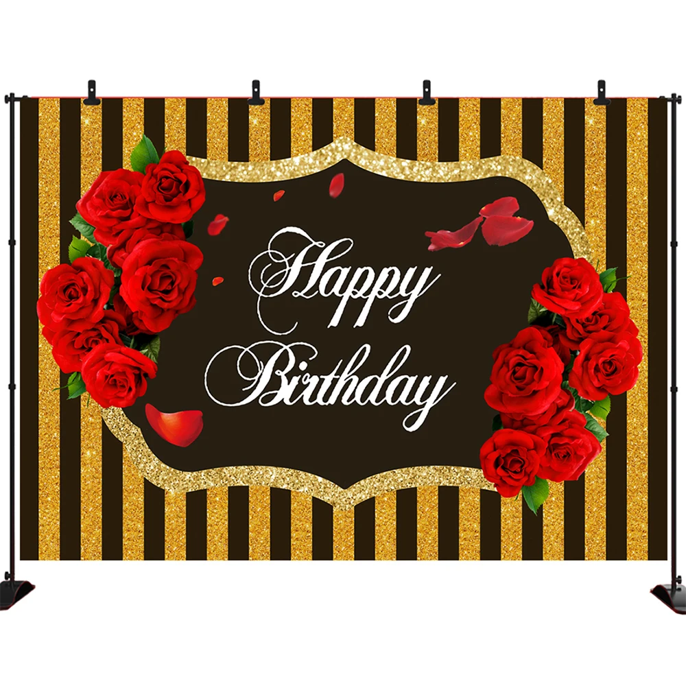 

Happy Birthday Photo Backdrop Golden Stripes Red Rose Photography Backdgrounds Photoshoot Studio Banner