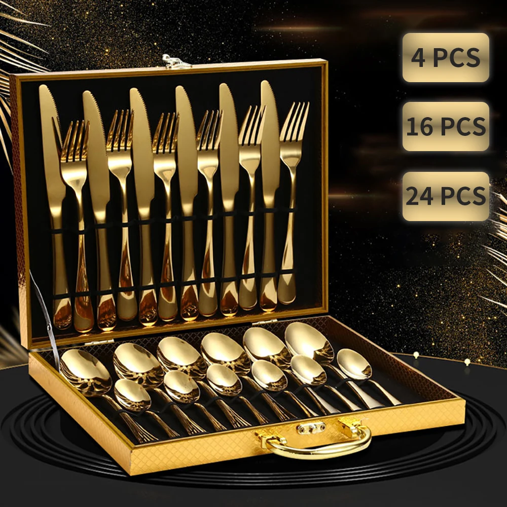 

4/16/24pcs Gold Tableware Set Stainless Steel Dinnerware Set Mirror Safe Knife Fork Spoon Luxury Cutlery Set Gift Box for Home
