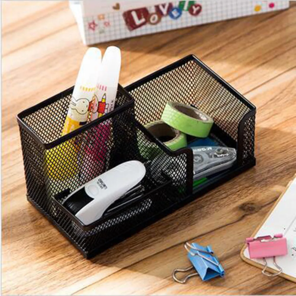 

3-Compartments Multifunctional Desk Organizer Pencil Cup Pen Holder Office Supplies Desktop Stationery Storage Box (Black)
