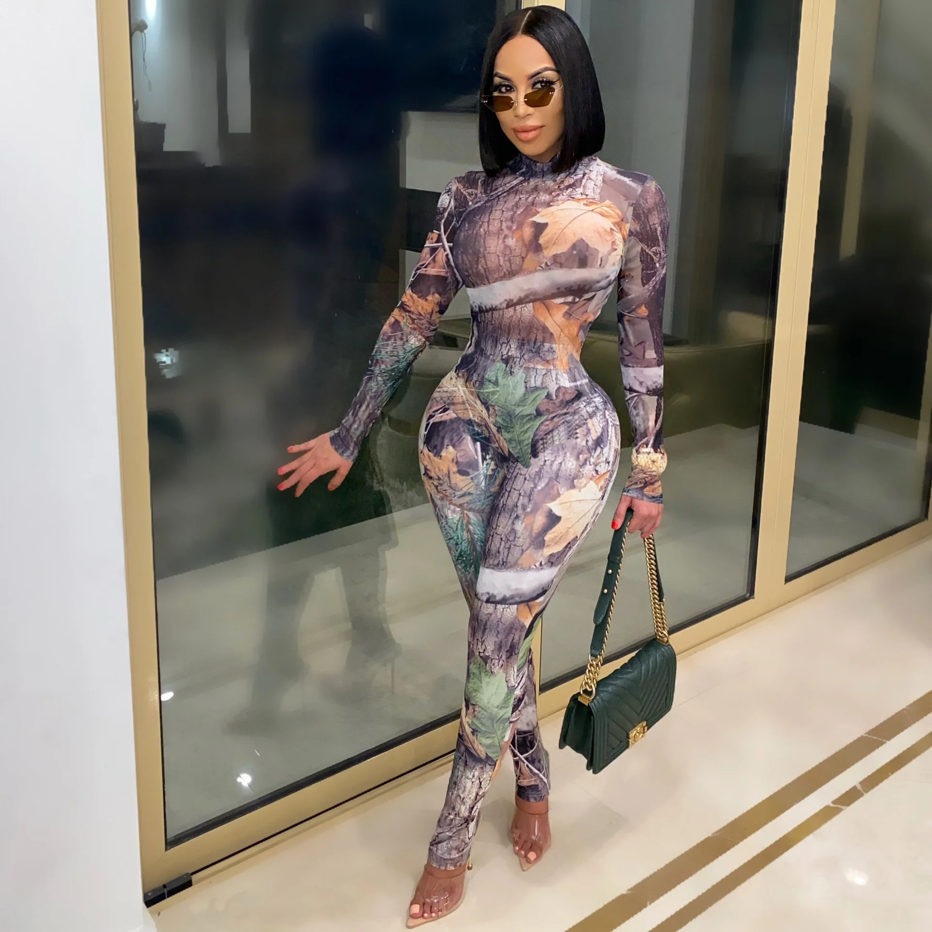 

33CY1299 Autumn Winter Women Sexy Fashion Tie Dye Print Bodycon Club Outfits Jumpsuit Playsuit Rompers Plus Size Hot 2020