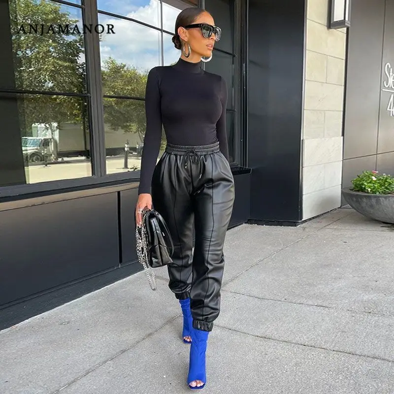 

ANJAMANOR Sexy Black PU Leather Pants Business Chic High Waist Trousers Fashion Winter Clothes Women Wholesale Items D13-CG43