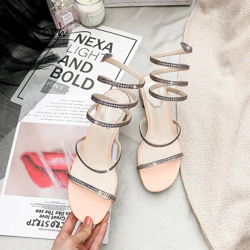 

Prowow Fashion Style Black Red Women Summer Gladiator Sandals Open Toe Crystal Chunky Mid Heels Women Sandals Party Shoes Woman