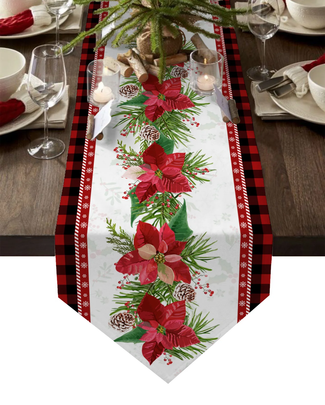 

Christmas Poinsettia Flower Pine Cone Lattice Table Runners Wedding Decor Table Cover Christmas Decorations for Home Table Cloth