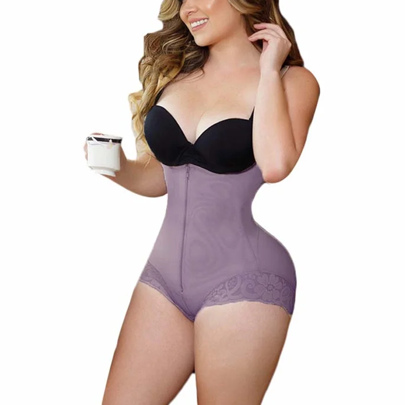 

Women Shapewear Bodysuit Straps Tummy Control Waist Trainer Cincher Zipper Body Shaper Lace Fajas