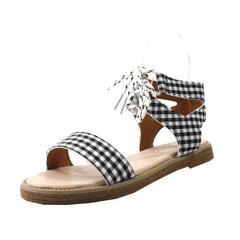 

Sandals Women Lace-up Gladiator Sandals 2021 Summer Hollow Outs Plaid Rome Shoes Woman Casual Flats Sandalias Butterfly-knot