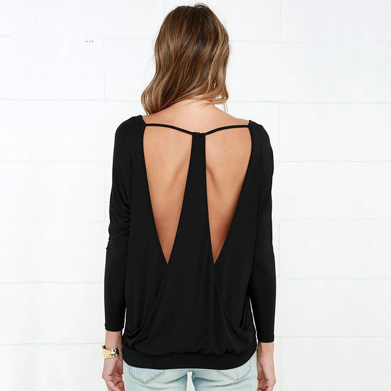 Женская футболка с открытой спиной модная длинным рукавом сексуальные базовые