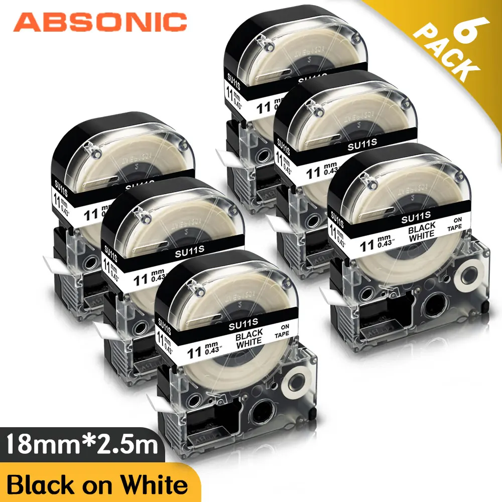 

Absonic 6PK Φ11mm Heat Shrink Tubes SU11S LK-6WBA11 for Epson Label Tape Compatible for Epson LW-400 LW-300 LW-500 Label Printer