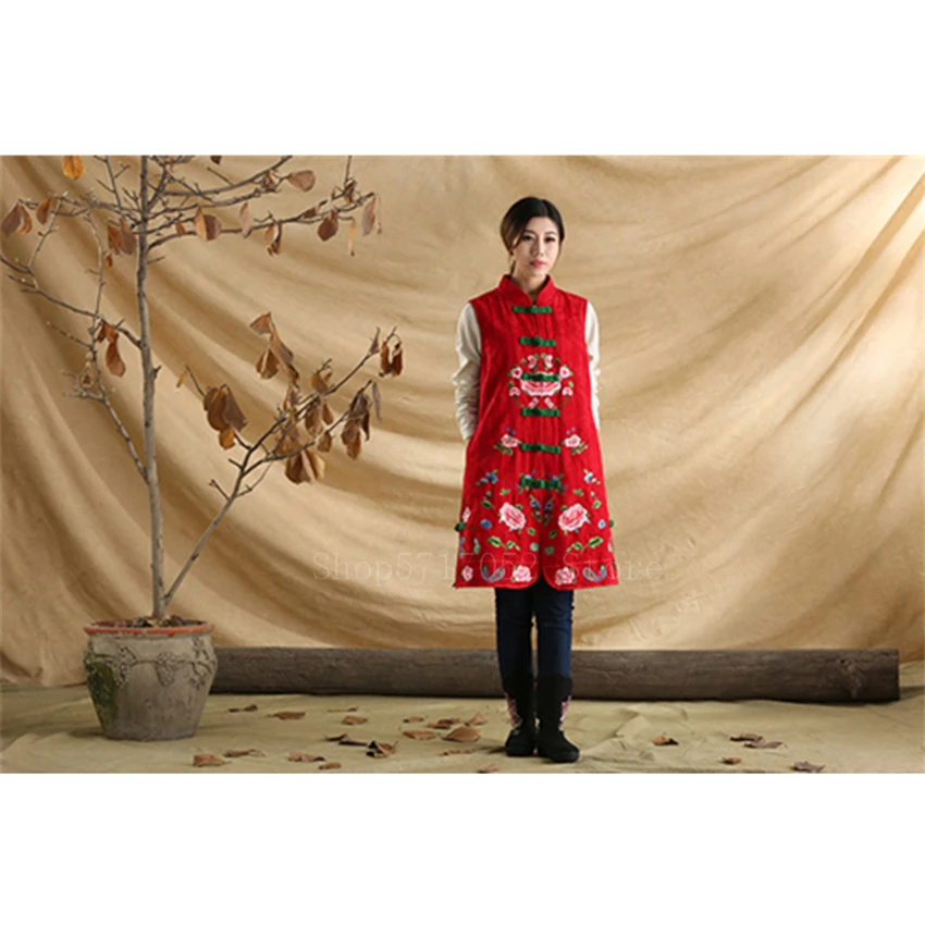 Chinese Traditional Clothes Tang Suit Vest Women Girls Long Maxi Top Fancy Embroidery Flower Sleeveless Cotton Ethnic Coat | Тематическая