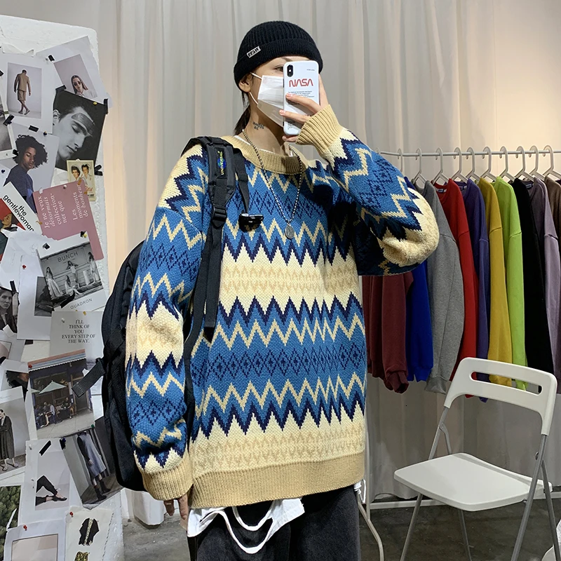 Sweater Men's Warm Fashion Contrast Color Casual Retro O-neck Knit Pullover Men Loose Knitting Sweaters Male Sweter Clothes