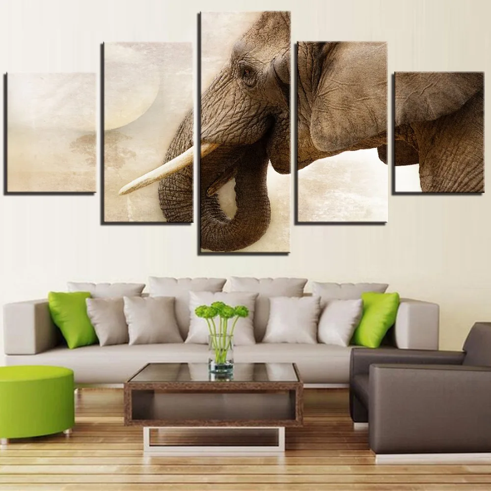 

5 Pieces Elephant Nose And Teeth Canvas Painting Animal Posters For Home Room Decor Wallpapers Art Pictures Desert Sand
