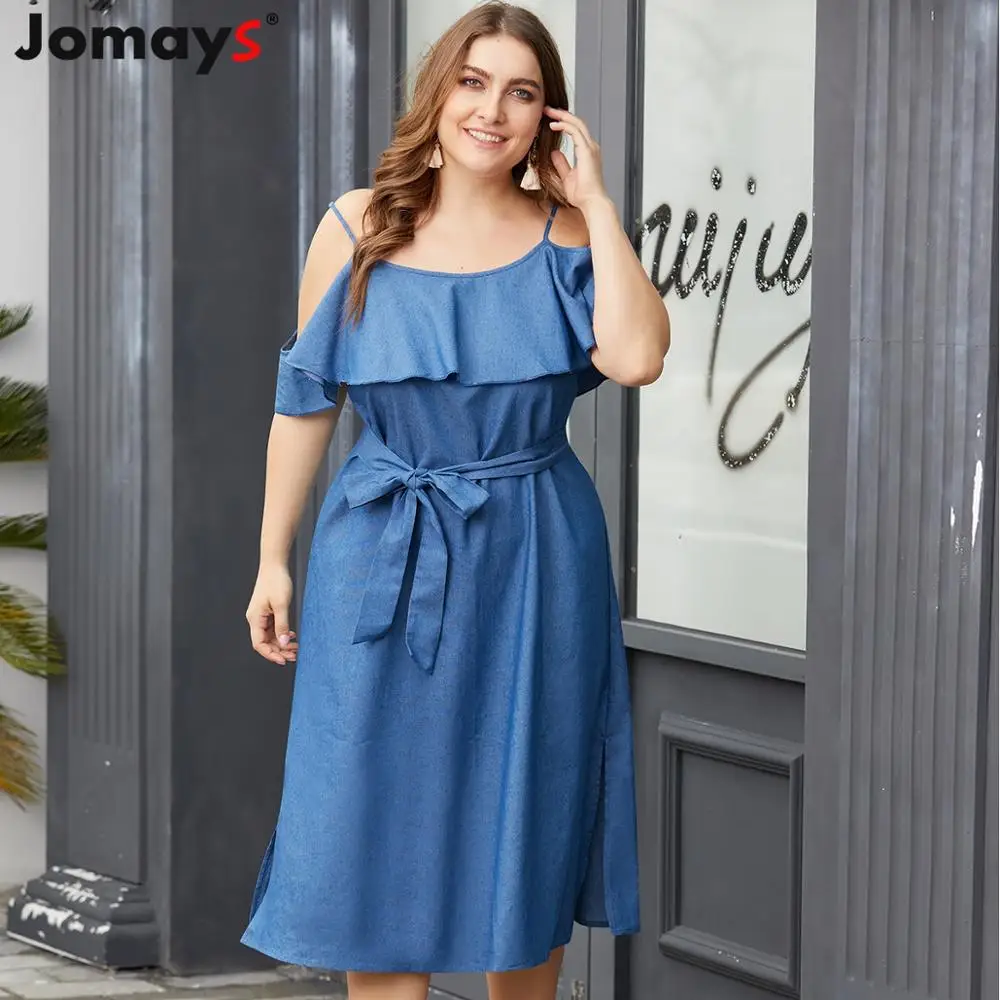 

Plus Size Women Jeans Dress Loose Spaghetti Strap Denim Blue Dresses Butterfly Sleeve Casual Sexy Vestidos Elegant Large 4XL
