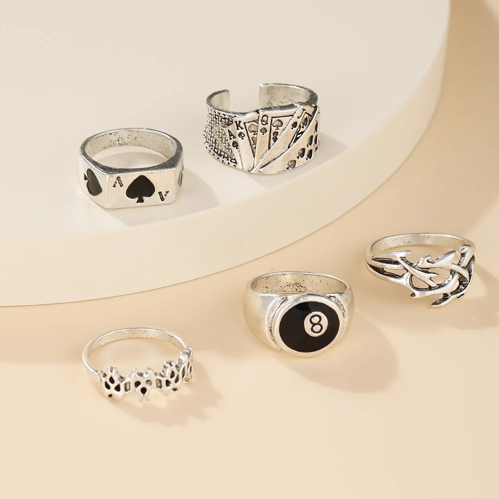 

Vintage Silver Plated Poker Angel Wings Ring for Womens Gothic Punk Steampunk Heart Billiards Skull Ring Sets Party Jewelry