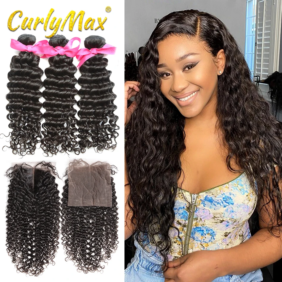 Кудрявые Макс волосы глубокая волна 30 дюймов 3 4 пряди с закрытием бразильские