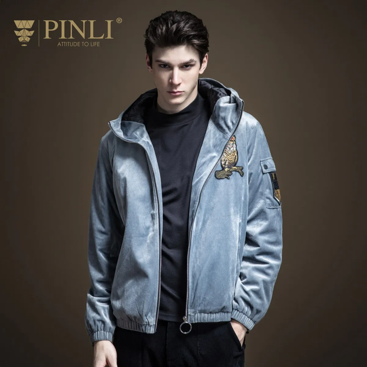 

Free Shipping PInli Spring Unique New Style Men's Velvet Embroidered Hooded Short Cotton Coat Grey Black Jacket B193505169
